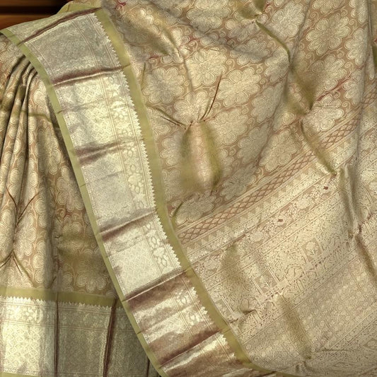 Light Brown Floral Motif Kanchipuram Silk Saree – Understated Grace in Earthy Tones