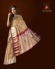 Light Brown Kanchipuram Silk Saree with Sunflower Jacquard and Maroon Border – A Warm Embrace of Heritage Weaves