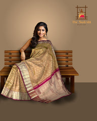 Light Brown Kanchipuram Silk Saree with Sunflower Jacquard and Maroon Border – A Warm Embrace of Heritage Weaves
