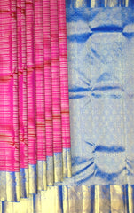 Bright Pink Kanchipuram Silk Saree with Horizontal Stripes and Royal Blue Veldhari Border – Bold, Bright, and Beautiful