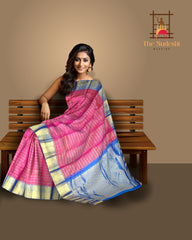 Bright Pink Kanchipuram Silk Saree with Horizontal Stripes and Royal Blue Veldhari Border – Bold, Bright, and Beautiful