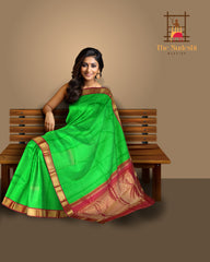 Green Jacquard Kanchipuram Silk Saree with Maroon Border – Earthy Tones Woven with Royal Charm