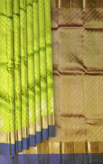 Light Green Jacquard Kanchipuram Silk Saree with Blue Motif Border – A Refreshing Blend of Grace and Tradition
