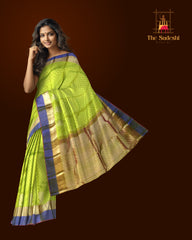 Light Green Jacquard Kanchipuram Silk Saree with Blue Motif Border – A Refreshing Blend of Grace and Tradition