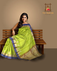 Light Green Jacquard Kanchipuram Silk Saree with Blue Motif Border – A Refreshing Blend of Grace and Tradition