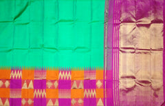 Sea Green Kanchipuram Silk Saree with Pink-Orange Zigzag Border and Triangle Motif Checks – A Vibrant Celebration in Silk