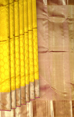 Mustard Yellow Jacquard Kanchipuram Silk Saree with Tear-Shaped Motifs and Dull Red Border – A Subtle Radiance in Tradition