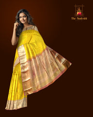 Mustard Yellow Jacquard Kanchipuram Silk Saree with Tear-Shaped Motifs and Dull Red Border – A Subtle Radiance in Tradition