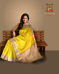 Mustard Yellow Jacquard Kanchipuram Silk Saree with Tear-Shaped Motifs and Dull Red Border – A Subtle Radiance in Tradition