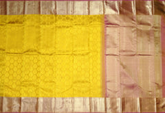 Mustard Yellow Jacquard Kanchipuram Silk Saree with Tear-Shaped Motifs and Dull Red Border – A Subtle Radiance in Tradition