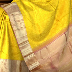 Mustard Yellow Jacquard Kanchipuram Silk Saree with Tear-Shaped Motifs and Dull Red Border – A Subtle Radiance in Tradition