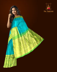Turquoise Blue Kanchipuram Silk Saree with Long Floral Border – A Serene Drape of Subtle Splendor