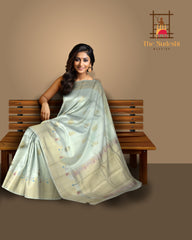 Off-White Kanchipuram Silk Saree with Meenakari Mango and Annam Motifs – A Divine Union of Elegance and Heritage