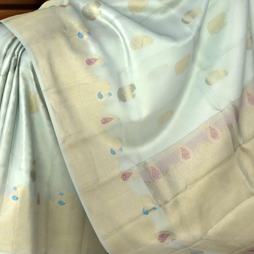 Off-White Kanchipuram Silk Saree with Meenakari Mango and Annam Motifs – A Divine Union of Elegance and Heritage