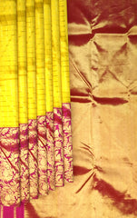 Ochre Yellow Kanchipuram Silk Saree with Ganga Jamuna Pink-Blue Border – A Vivid Contrast of Cultural Grandeur