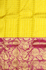 Ochre Yellow Kanchipuram Silk Saree with Ganga Jamuna Pink-Blue Border – A Vivid Contrast of Cultural Grandeur