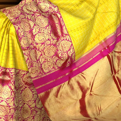 Ochre Yellow Kanchipuram Silk Saree with Ganga Jamuna Pink-Blue Border – A Vivid Contrast of Cultural Grandeur