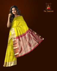 Lemon Yellow Kanchipuram Silk Saree with Red Border and Green Selvedge – A Refreshing Twist on Timeless Tradition