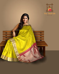 Lemon Yellow Kanchipuram Silk Saree with Red Border and Green Selvedge – A Refreshing Twist on Timeless Tradition