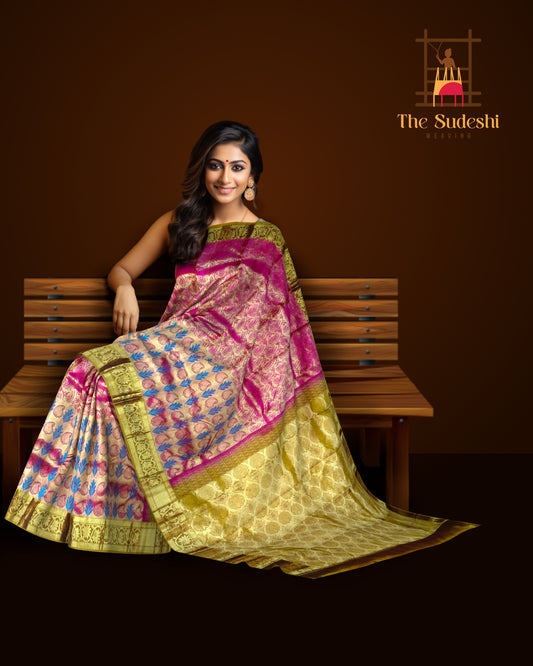 Pink and Blue Threadwork Meenakari Kanchipuram Silk Saree with Mustard Border