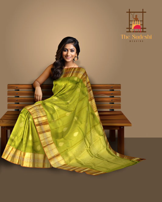 Dual-Tone Greenish Yellow Bhutta Kanchipuram Silk Saree with Self Border