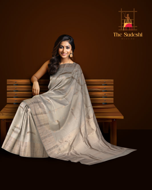 Light Beige Bhutta Kanchipuram Silk Saree with Copper Zari Highlights