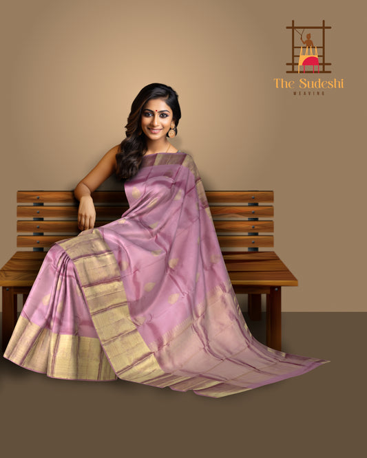 Lotus Pink Large Tear-Shaped Motif Kanchipuram Silk Saree
