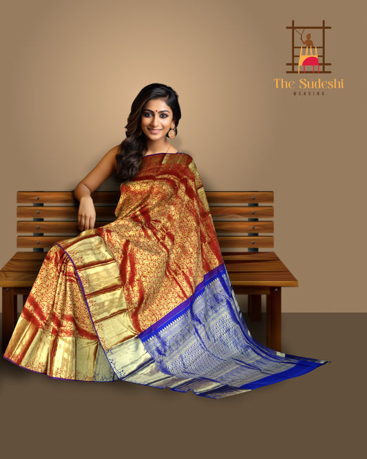 Red Kanchipuram Silk Saree with Royal Blue Elephant and Floral Jaquard