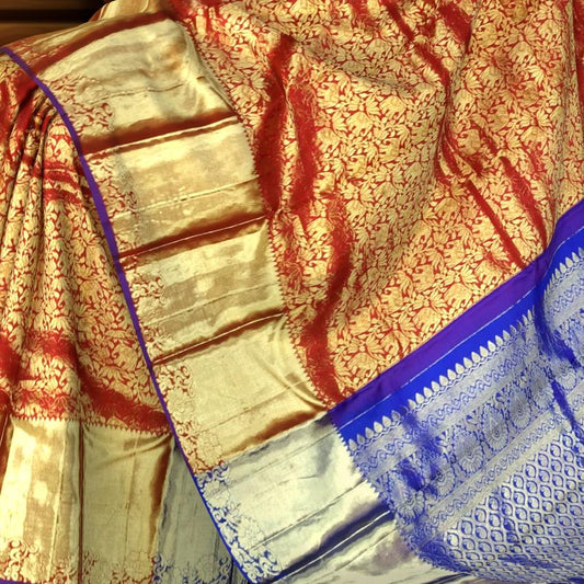 Red Kanchipuram Silk Saree with Royal Blue Elephant and Floral Jaquard