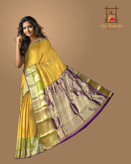 Mustard Yellow Mango Jaquard Kanchipuram Silk Saree with Green Border