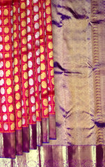 Red Kanchipuram Silk Saree with Silver-Gold Zari Checks and Annam Motifs