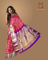 Red Kanchipuram Silk Saree with Silver-Gold Zari Checks and Annam Motifs