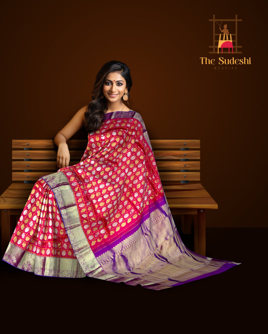 Red Kanchipuram Silk Saree with Silver-Gold Zari Checks and Annam Motifs