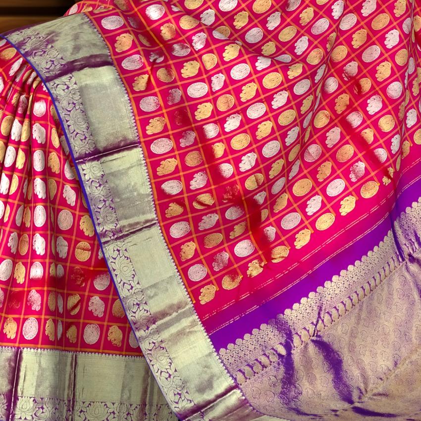 Red Kanchipuram Silk Saree with Silver-Gold Zari Checks and Annam Motifs