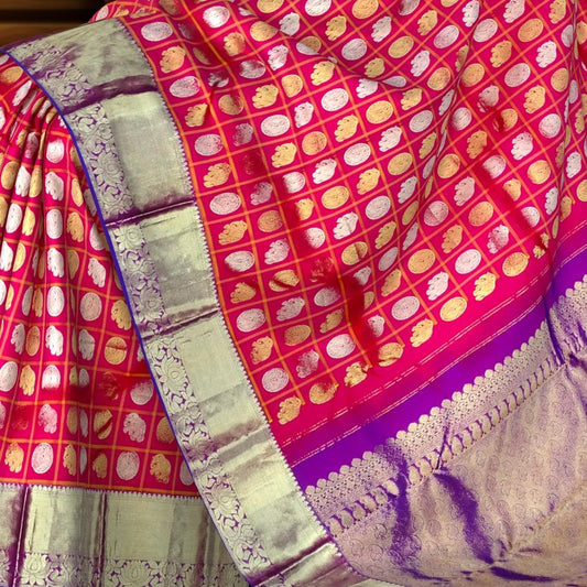 Red Kanchipuram Silk Saree with Silver-Gold Zari Checks and Annam Motifs
