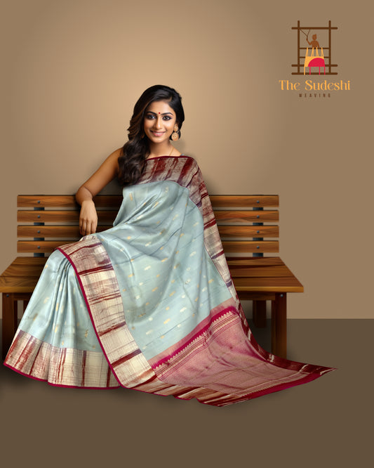 Steel Grey Kanchipuram Silk Saree with Silver and Gold Bhuttas and Terracotta Border