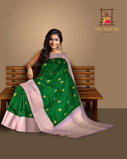 Dark Green Annam Bhutta Kanchipuram Silk Saree with Light Pink Pallu
