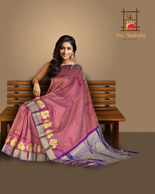 Pink Mango Jaquard Kanchipuram Silk Saree with Purple Pallu