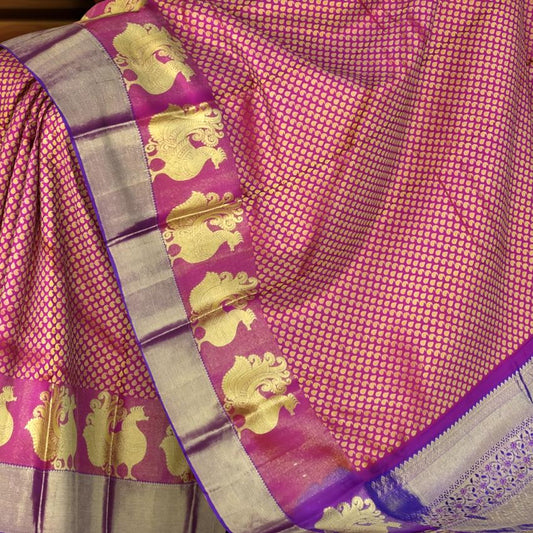 Pink Mango Jaquard Kanchipuram Silk Saree with Purple Pallu