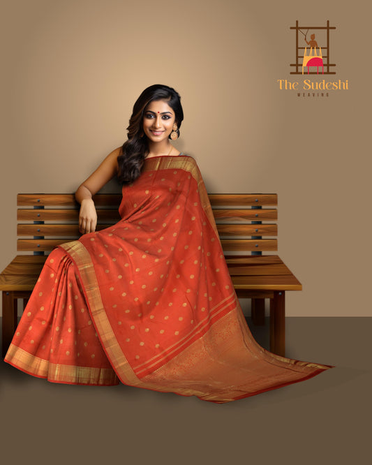 Checkered Radiance in Red with Self Borders Pure Silk Saree