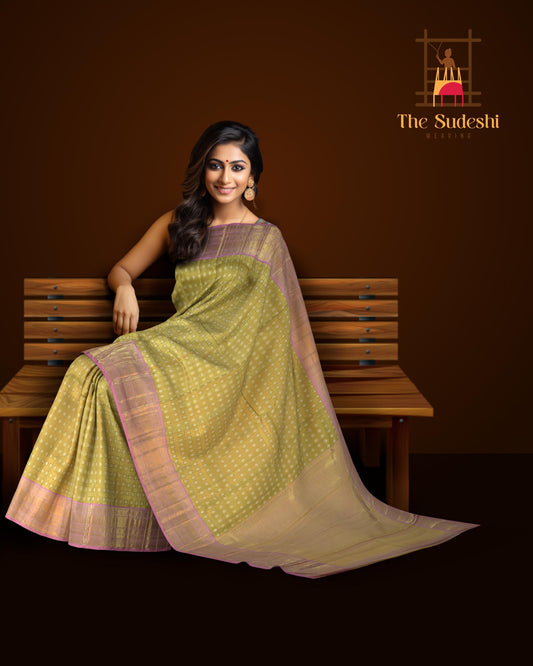 Golden Elegance with Lilac Contrast Pure Silk Saree