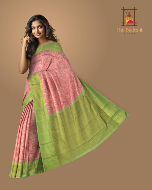 Lotus Pink and Pista Green Contrast Pure Silk Saree with Jacquard Weave