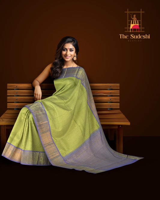Lime Green Kanchipuram jacquard Silk Saree with embossed diamond design on the body with lavender contrast border and pallu