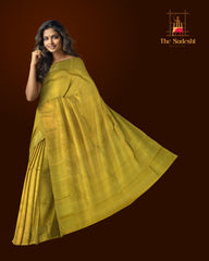 Mustard Kanchipuram Silk Saree with floral and jacquard designs on the body with self lotus border and rudraksham, ashwa motif, and temple designs in pallu