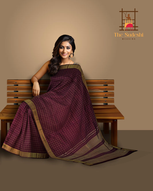 Wine Kanchipuram Silk Saree with checks design on the body with self mayil kann border and pallu - Wine Whisperer