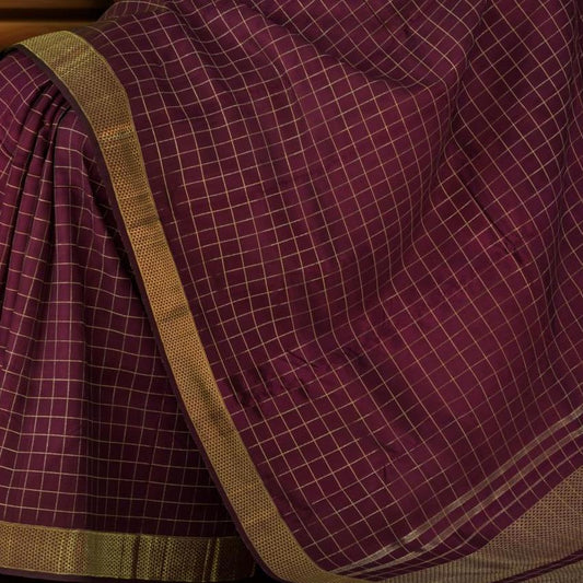 Wine Kanchipuram Silk Saree with checks design on the body with self mayil kann border and pallu - Wine Whisperer