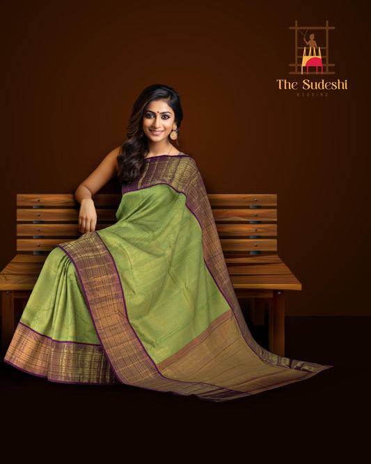 Lime Green Kanchipuram jacquard Silk Saree with intricately designed patterns on the body with wine purple vaada malli contrast border and peacock, diamond designs in pallu