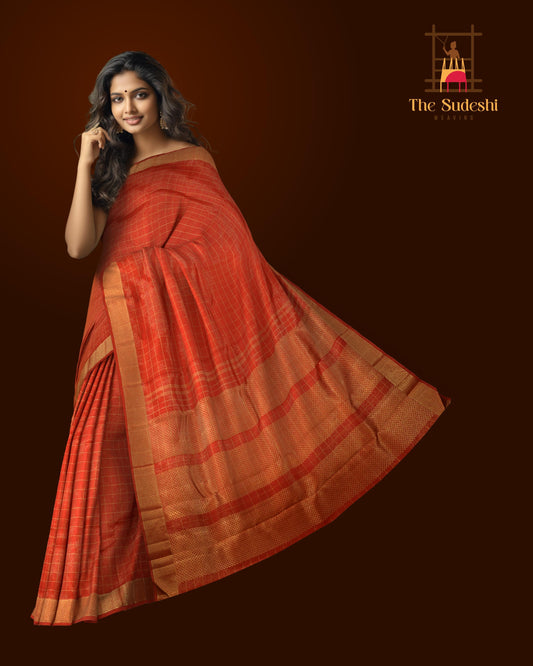 Red Kanchipuram Silk Saree with checks and tissue designs on the body with self medium checks mayil kann border and pallu