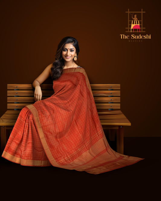 Red Kanchipuram Silk Saree with checks and tissue designs on the body with self medium checks mayil kann border and pallu