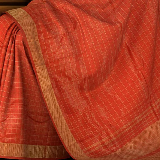 Red Kanchipuram Silk Saree with checks and tissue designs on the body with self medium checks mayil kann border and pallu